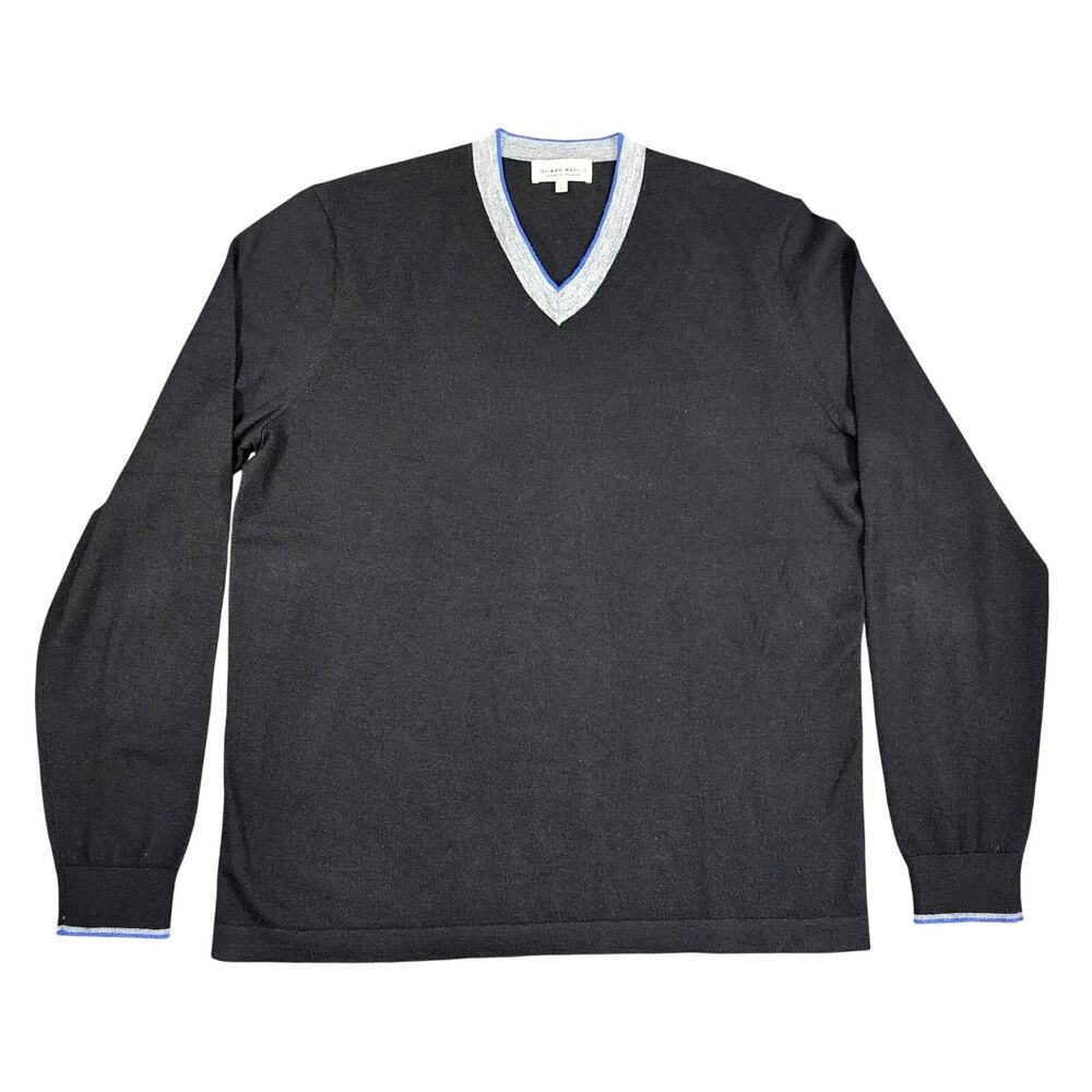 NEIMAN MARCUS SUPERFINE CASHMERE V-NECK SWEATER – MEN’S LARGE – BLACK/GRAY/BLUE